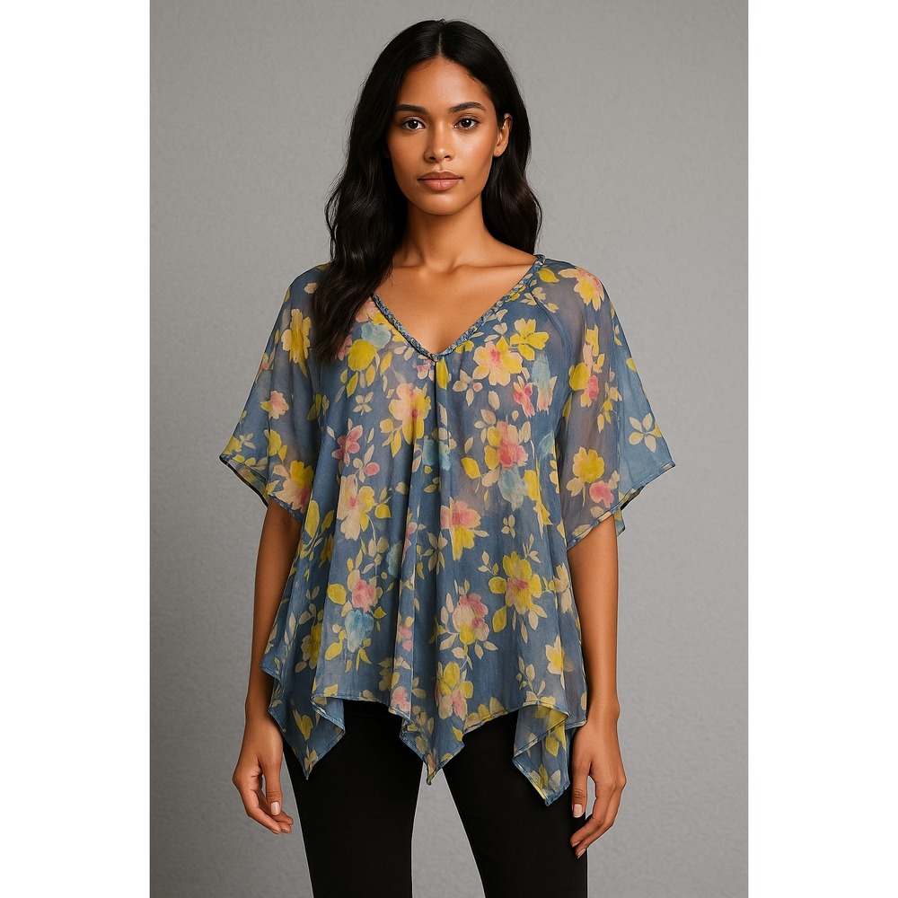 Postella Silk Top Womens L Boho Fairy Floral Whimsical Sheer Romantic‎ Festival